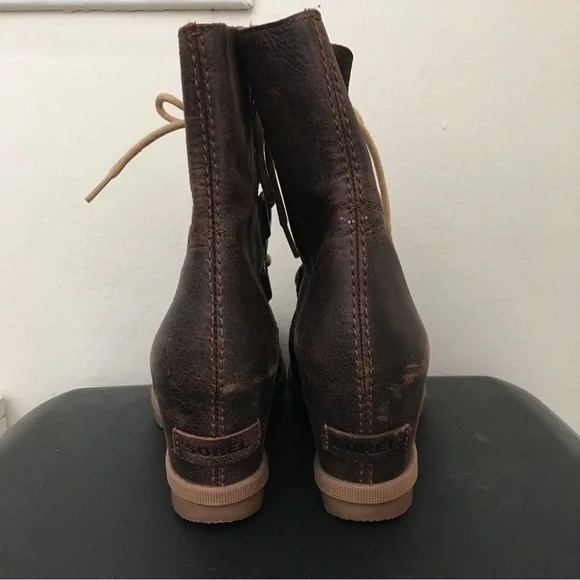Sorel Joan of Arctic Burro (Brown) Leather Wedge Mid High Bootie Lace Up Boot - Picture 5 of 8
